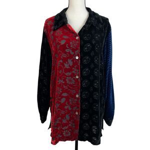 KOOS of Course Velvet Patchwork Tunic Top 1X Button Front Long Sleeve Artsy